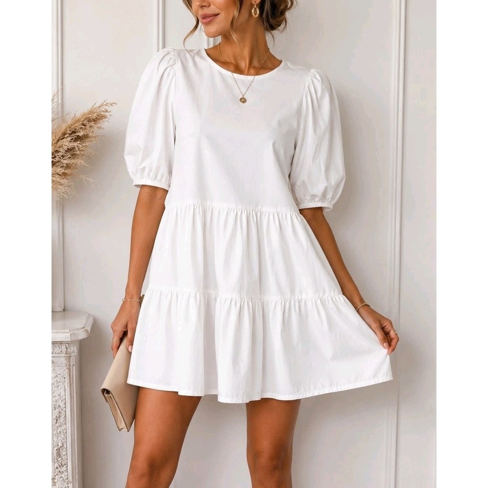 AQUA White Tiered Mini Dress Puff Sleeve Cotton Size S NWT Bloomingdale's